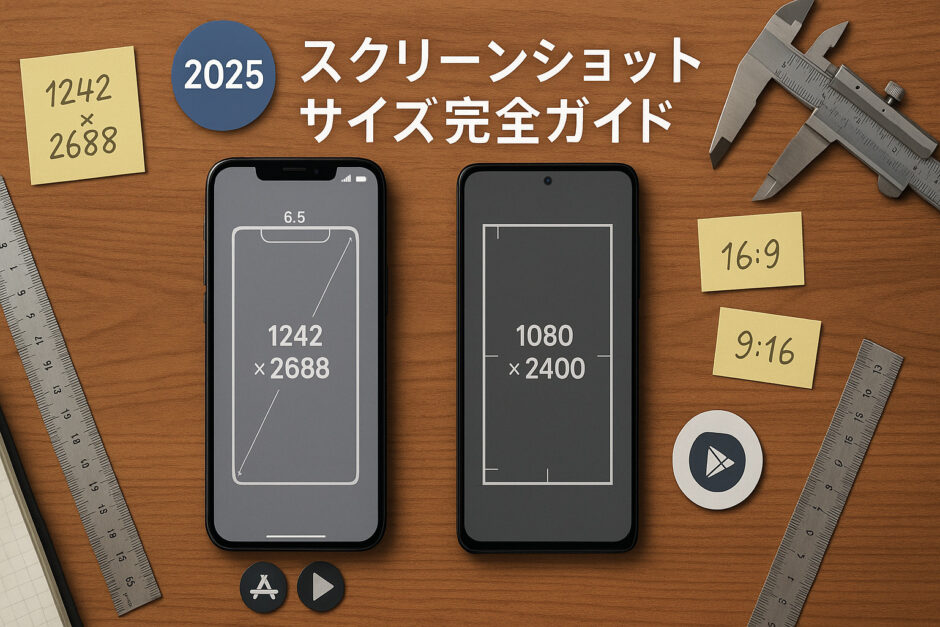 2025年最新のアプリスクリーンショットサイズ完全ガイド。App StoreとGoogle Playの解像度・比率・枚数の規定をわかりやすく図解